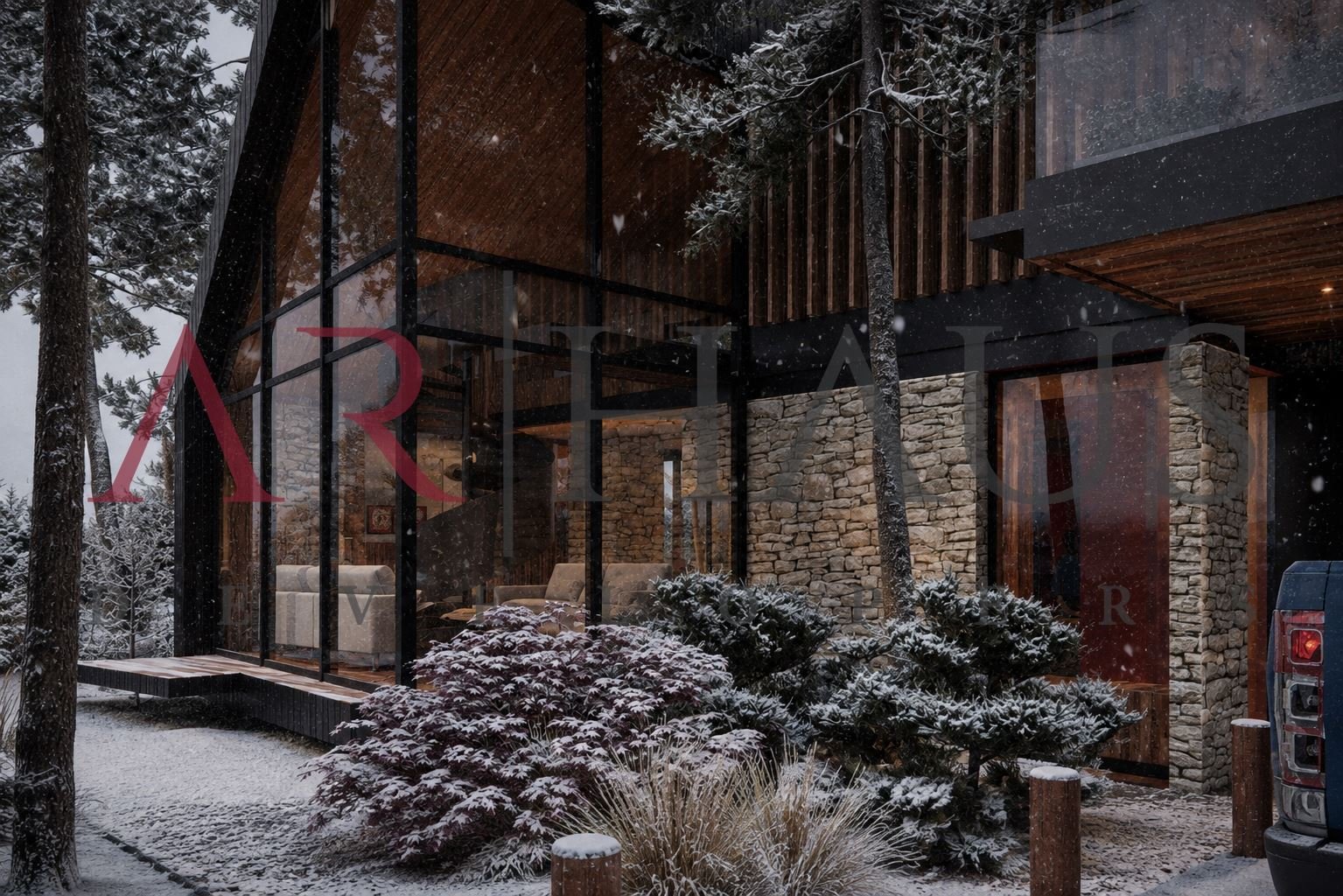 Casa Huepil, Fachada vidriada con nieve
